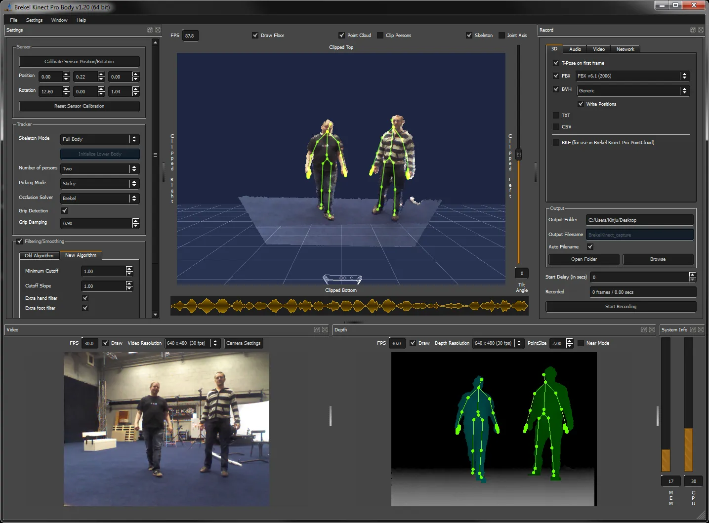 Brekel Pro Body v1.20: two people tracked at once by a Kinect v1, skeletons drawn over the depth view
