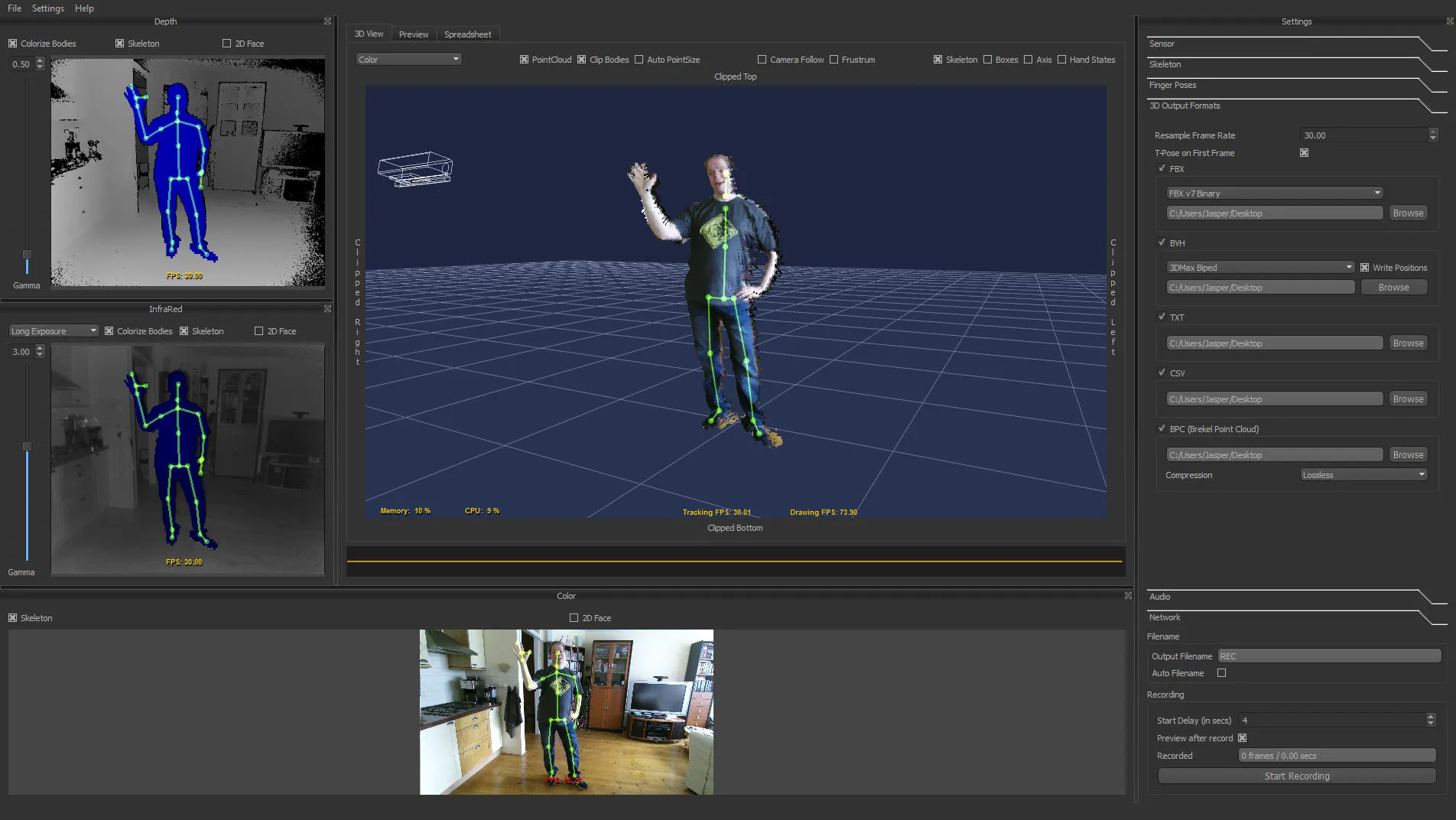 Brekel Pro Body 2: a tracked skeleton in the 3D view, with depth, infrared and colour previews from the Kinect v2 beside it