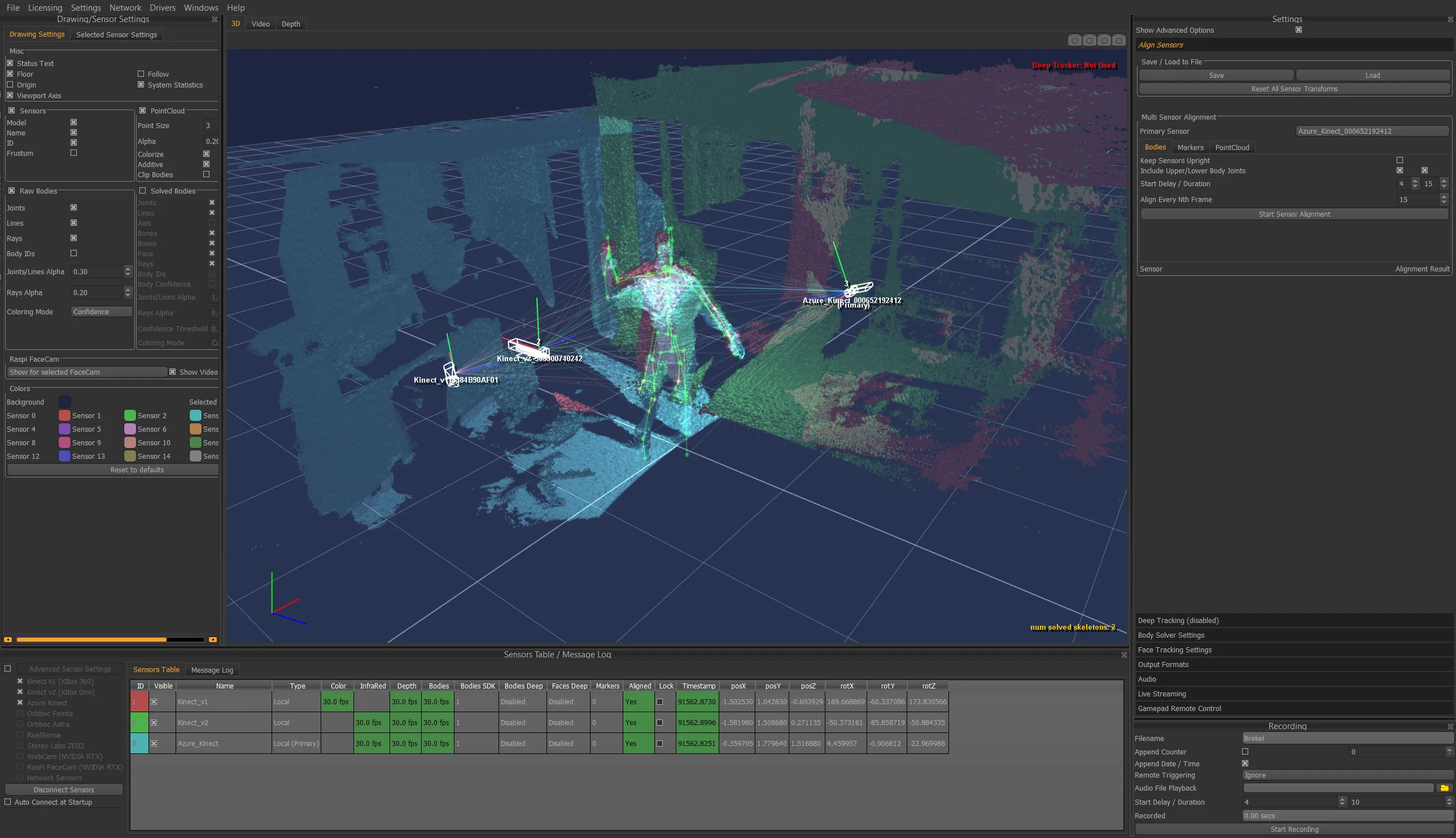 Brekel Body v3: a person standing in a room captured by three depth sensors, a solved skeleton drawn over them in green and rays running back to each sensor, with the sensor table below and the alignment settings alongside