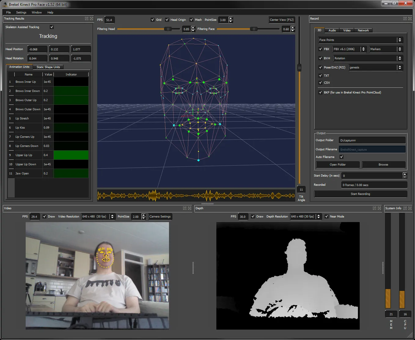 Brekel Pro Face v1.52: a tracked face mesh next to the animation unit sliders it drives