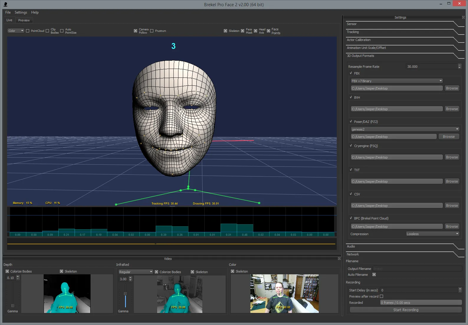 Brekel Pro Face 2: a tracked face mesh in the 3D view, with depth, infrared and colour previews below it