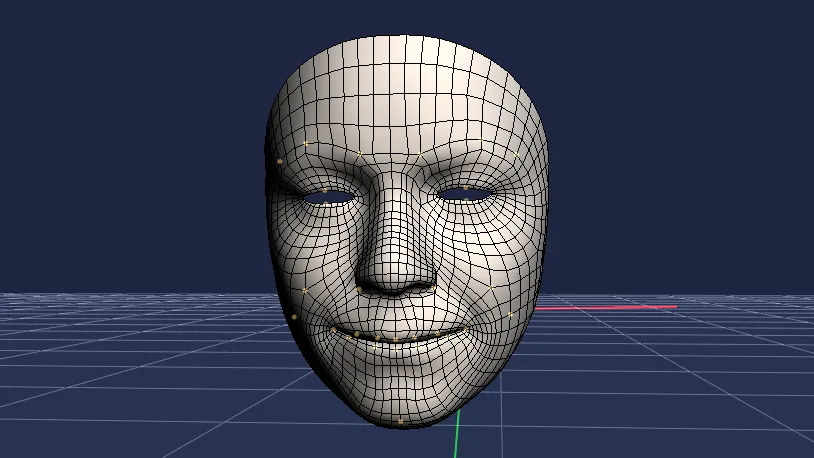 Brekel Face: a tracked face mesh in the 3D viewport, its quad wireframe drawn over the shaded surface