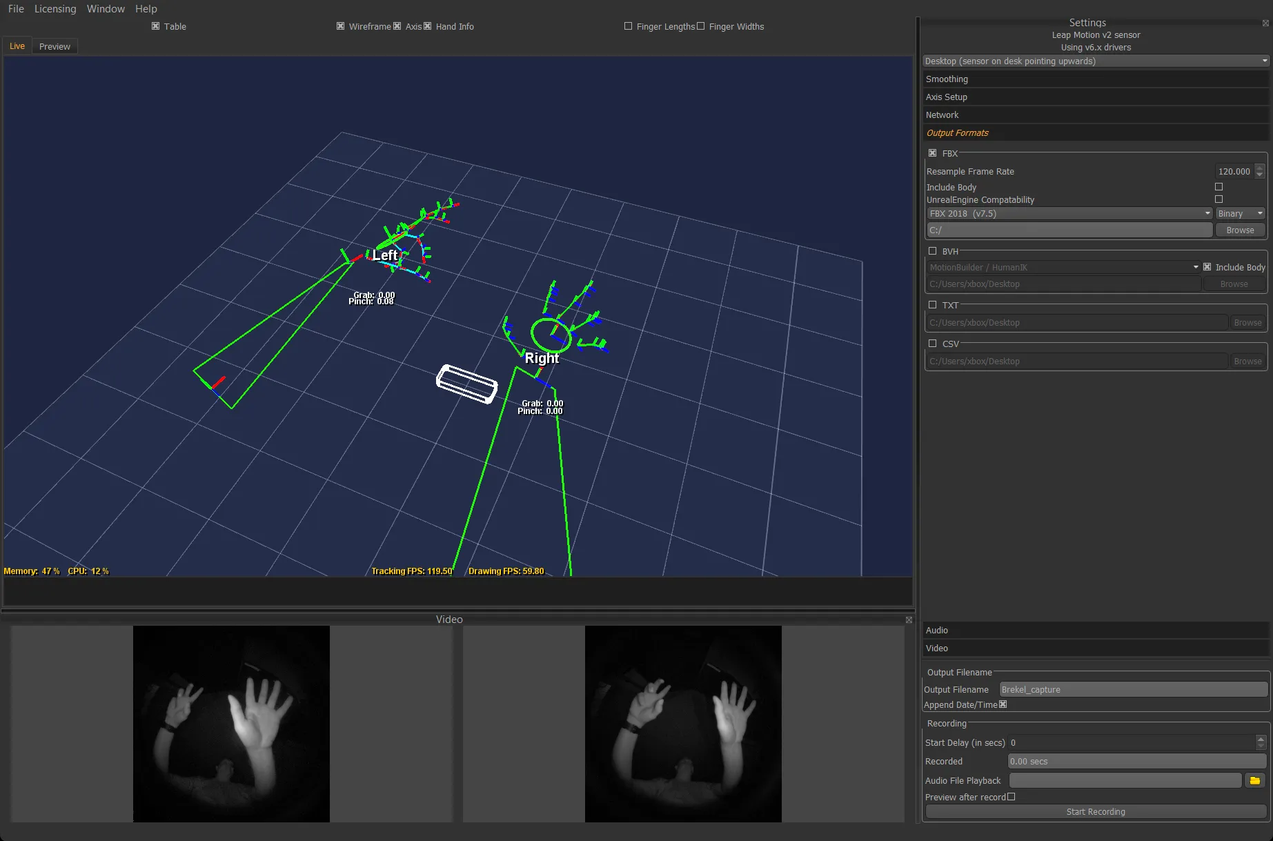 Brekel Hands: two tracked hand skeletons with individual finger joints above the sensor, the infrared camera views of the real hands below and the export format settings alongside
