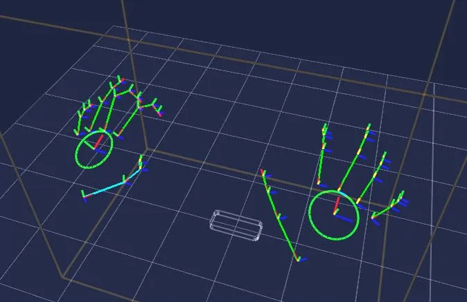 Brekel Hands: two tracked hand skeletons with individual finger joints inside a 3D interaction box