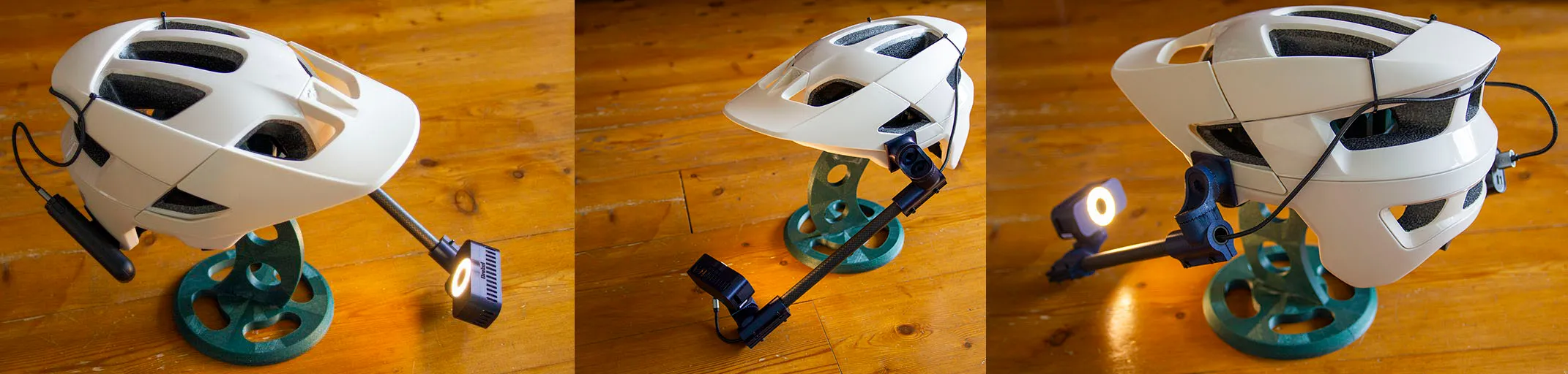The finished helmet mounted camera from three angles: a white bicycle helmet with a carbon boom carrying the camera in front of the face, its LED ring lit in the last view