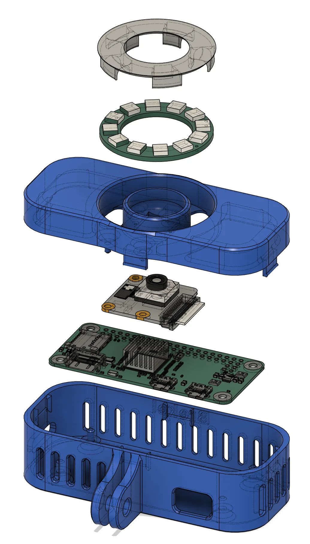 Exploded CAD view of the camera case: bezel, LED ring, front shell, Camera Module 3, Raspberry Pi Zero 2 W, and the vented back shell with its mount