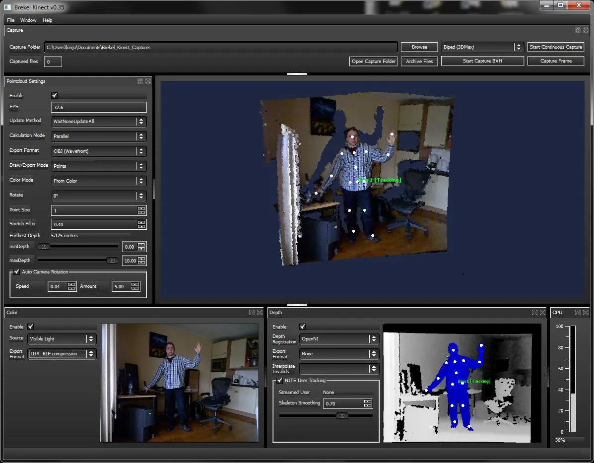 Brekel Kinect v0.35: a point cloud of a person in a room with a tracked skeleton on it, and the colour and depth previews underneath