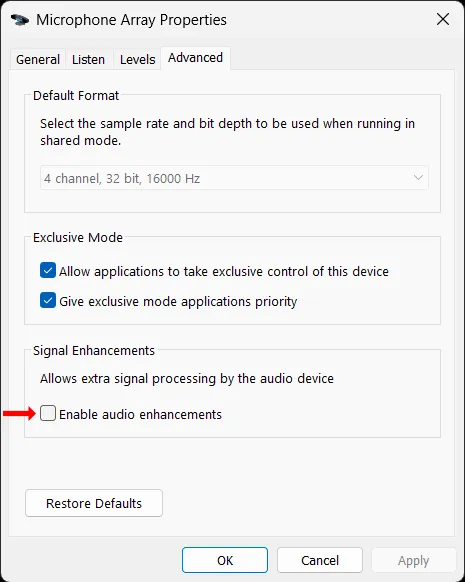 The Microphone Array Properties dialog on its Advanced tab, with a red arrow pointing at the Enable audio enhancements checkbox under Signal Enhancements, unticked