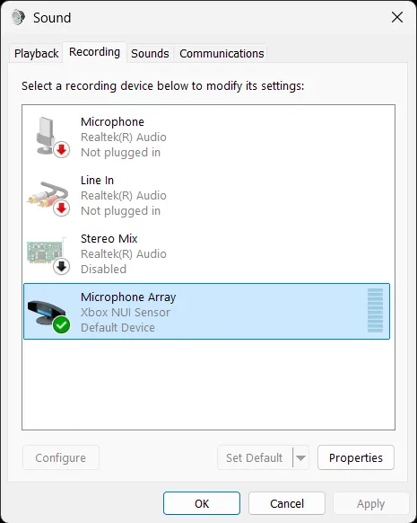 The classic Sound control panel on its Recording tab, listing Microphone Array from the Xbox NUI Sensor as the default device alongside the onboard Realtek inputs