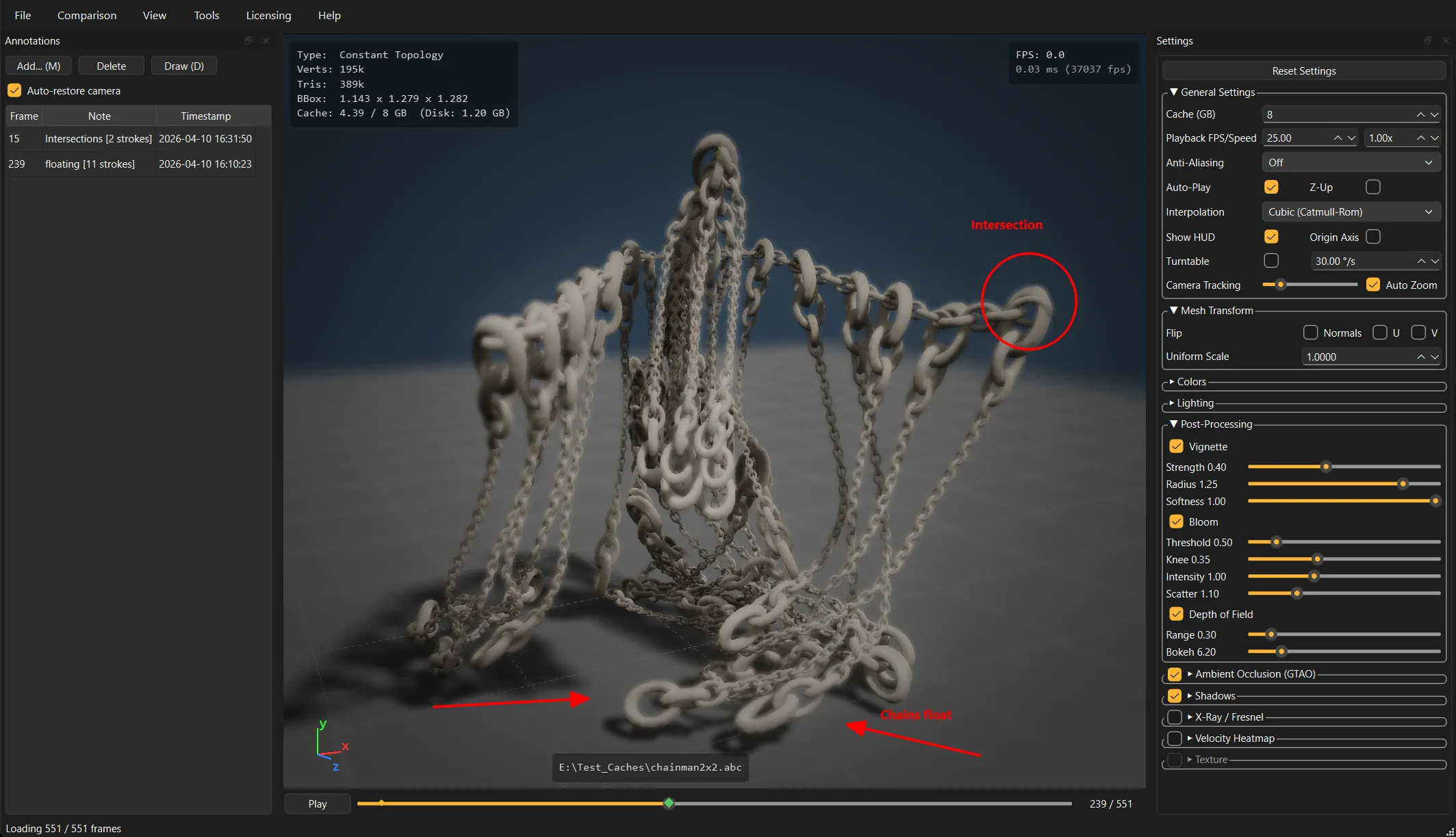 Brekel MeshCache Studio: a chain simulation with review drawings on it, a circled intersection and arrows marking floating links, beside the list of notes per frame