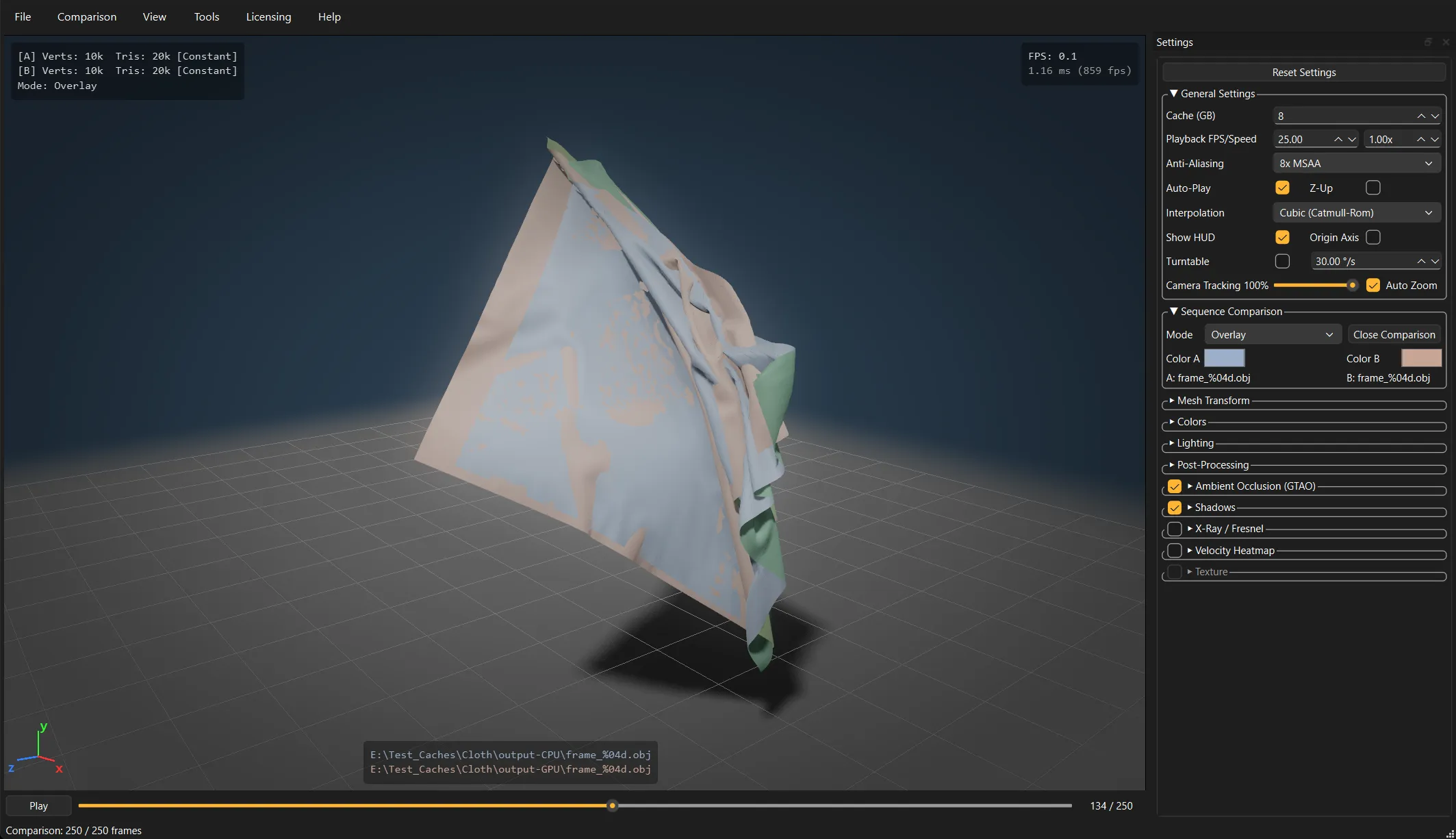 The CPU and GPU output of one cloth solve overlaid, each tinted a different colour