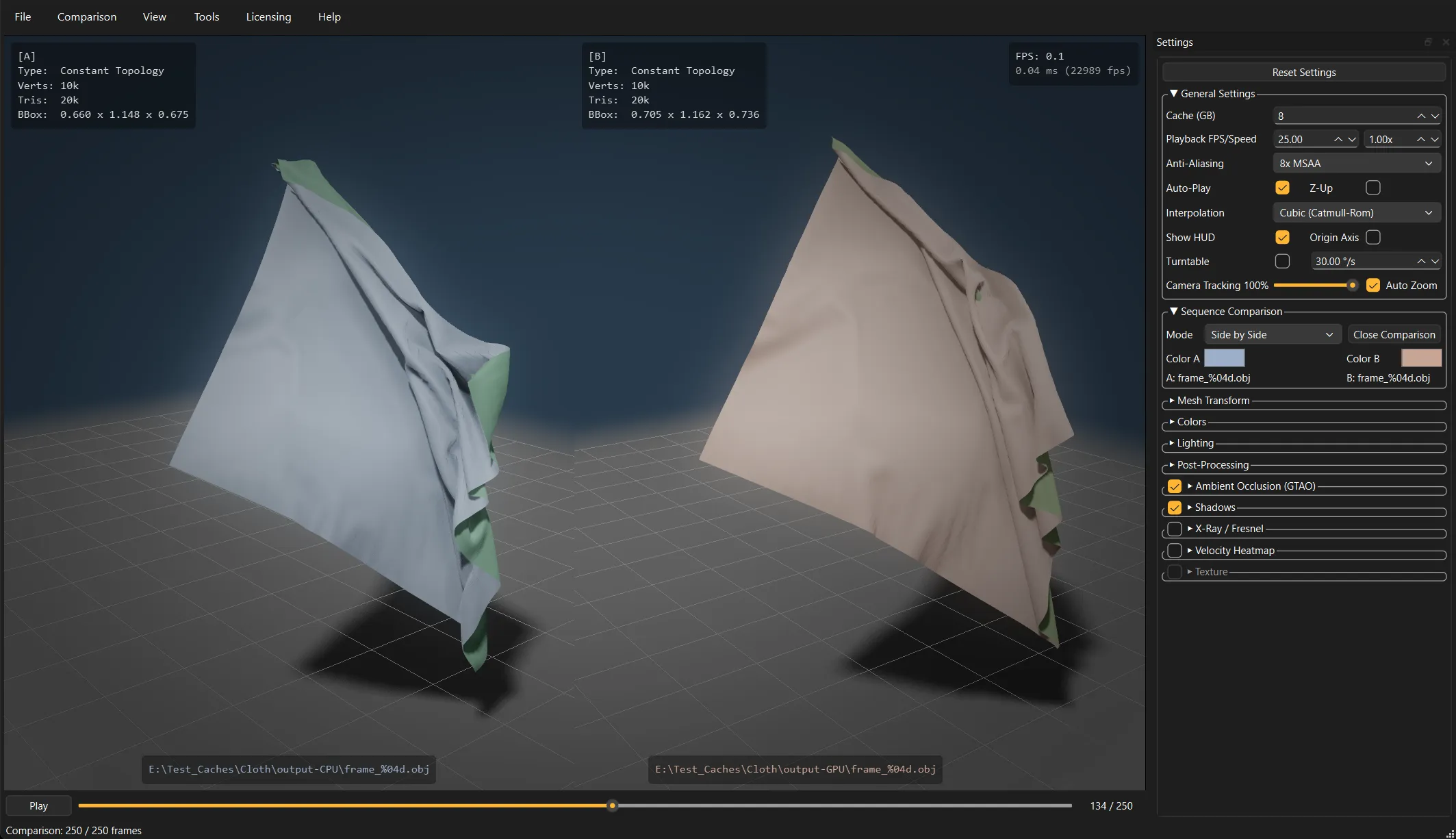 The CPU and GPU output of one cloth solve playing back side by side in sync