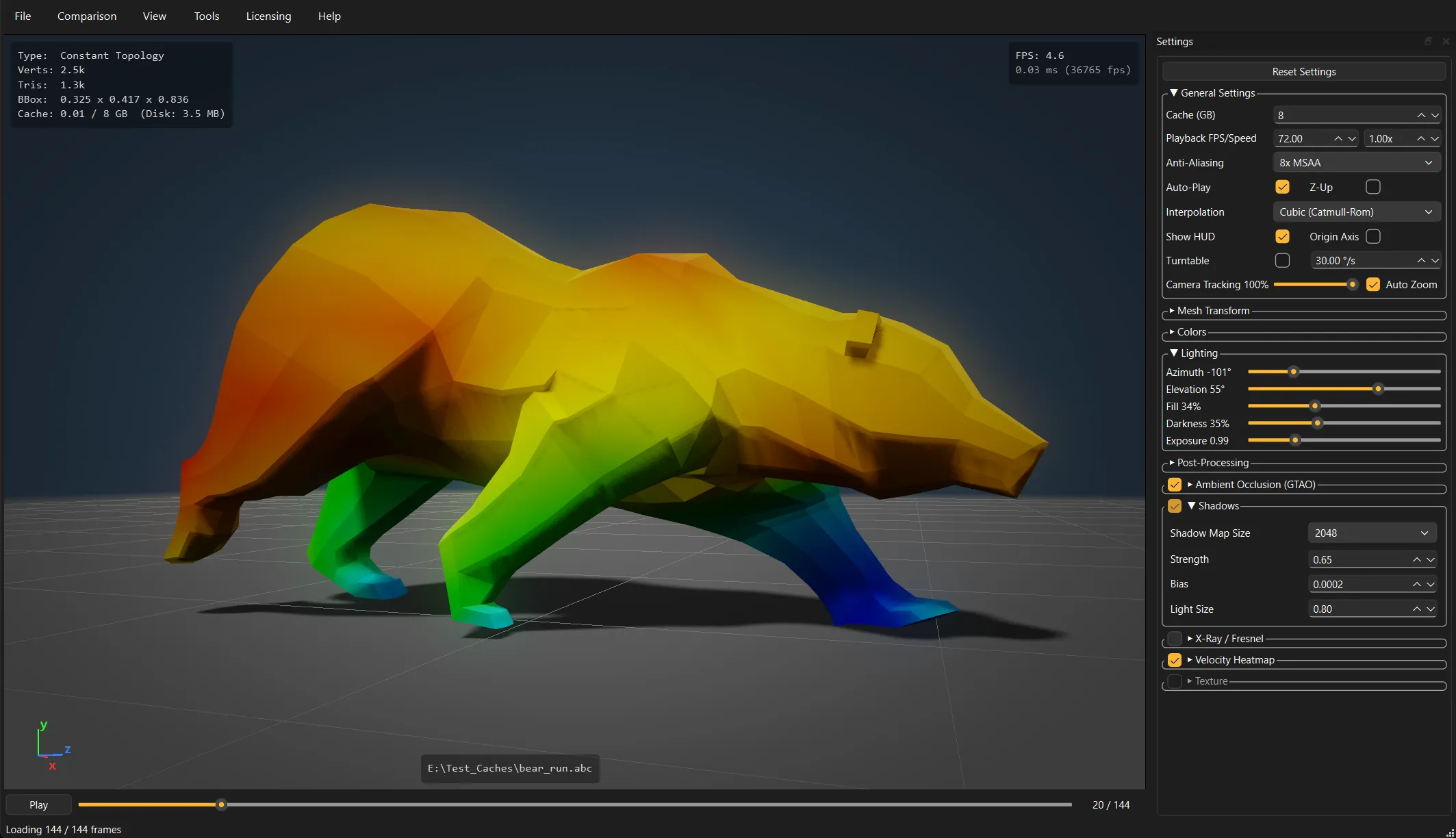 A walk cycle coloured by how far each vertex moves per frame, blue where the feet plant and yellow across the body