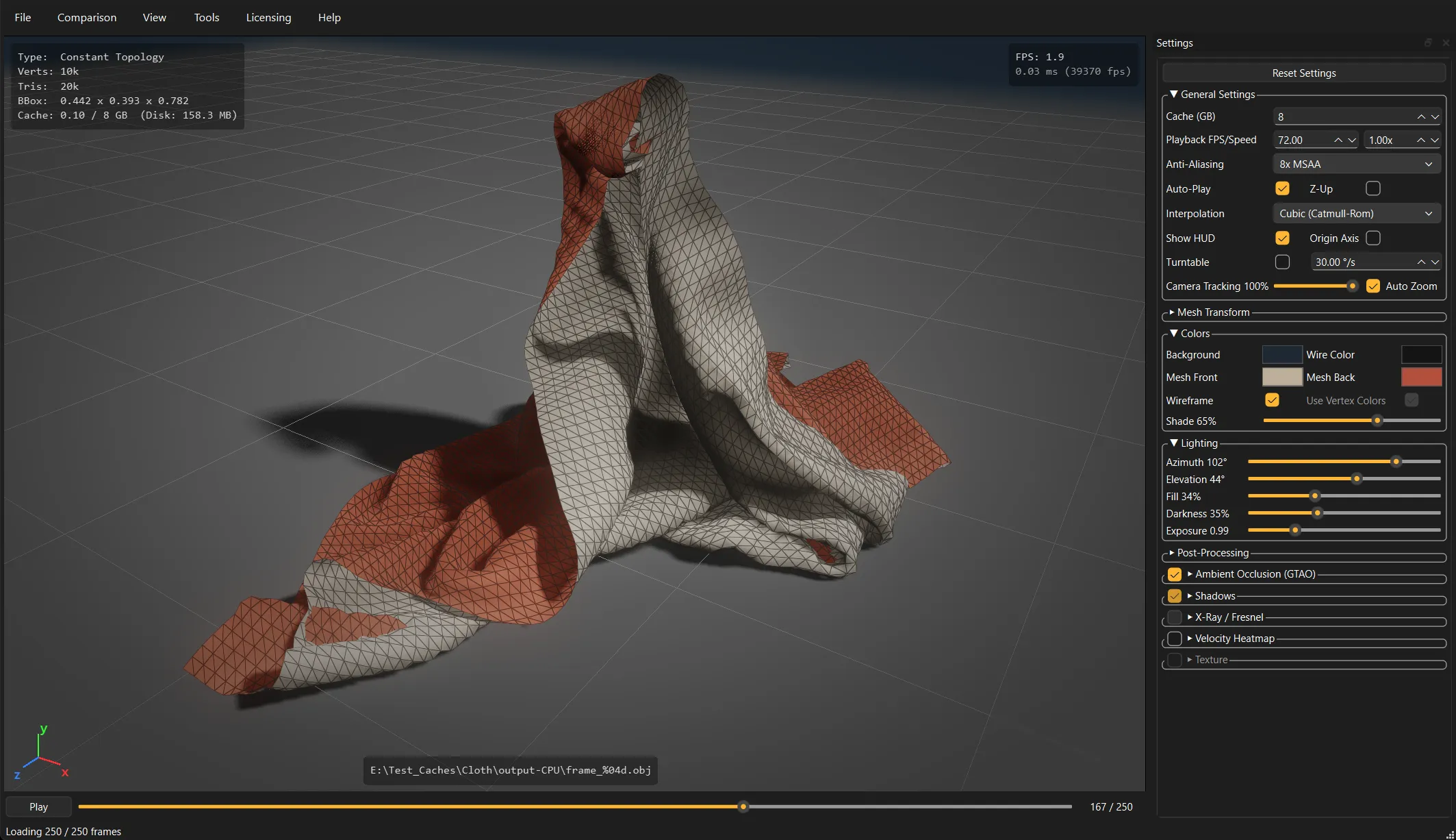 A cloth simulation with its triangle wireframe drawn over the shaded surface