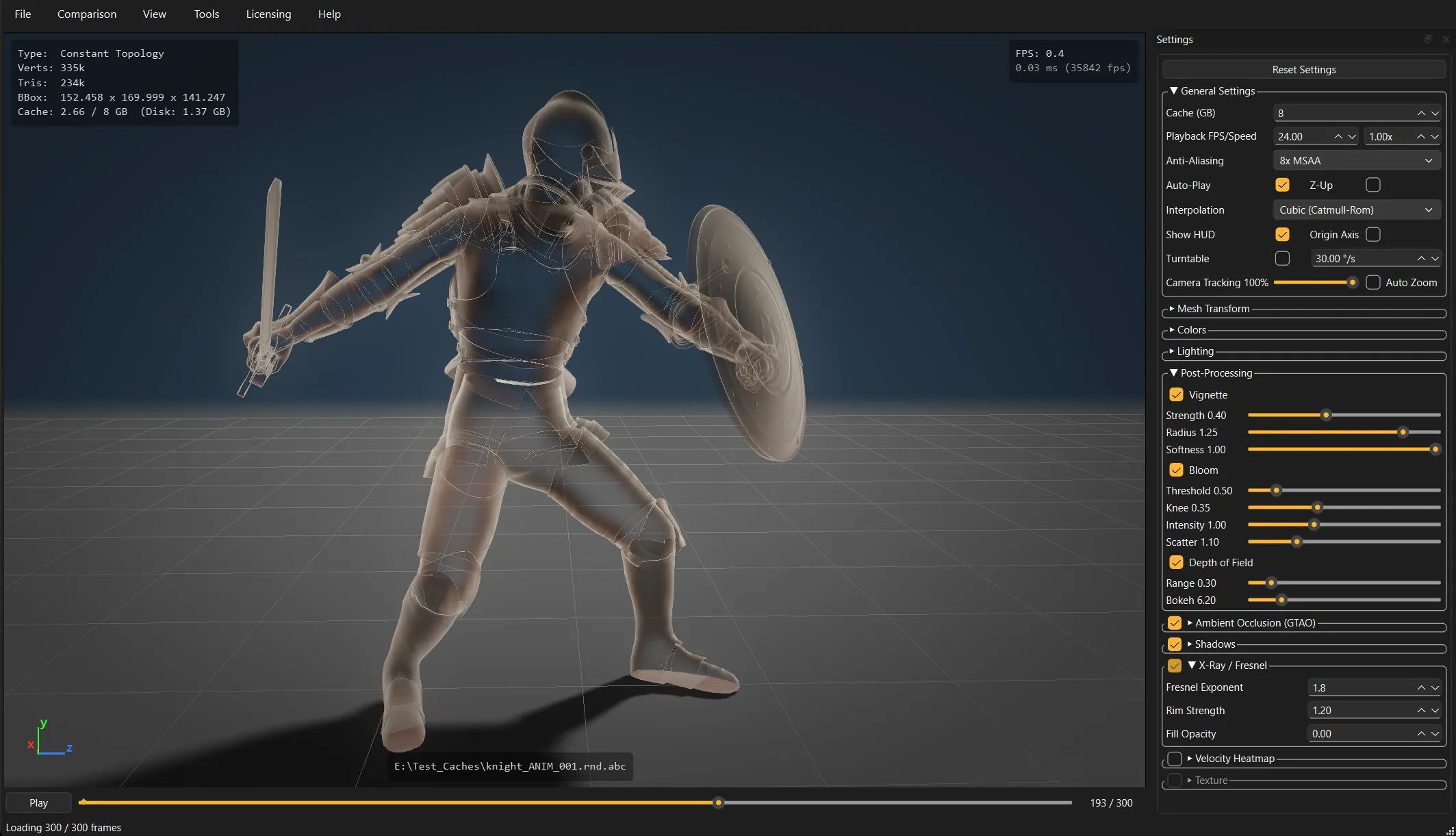 An animated character in see-through X-ray mode, edges glowing and the interior visible