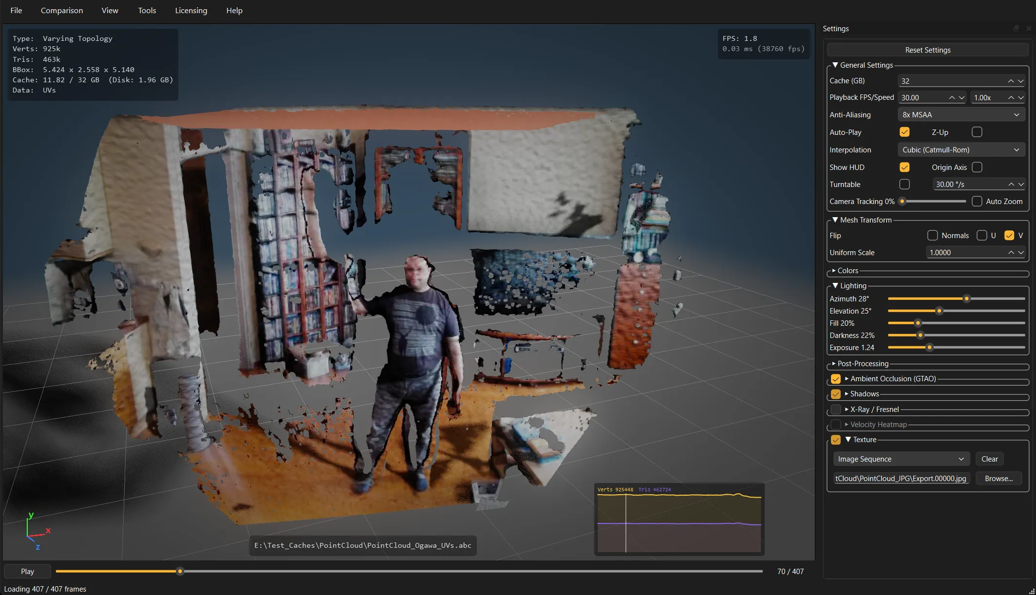 A textured volumetric capture of a person in a room, playing back in the viewer