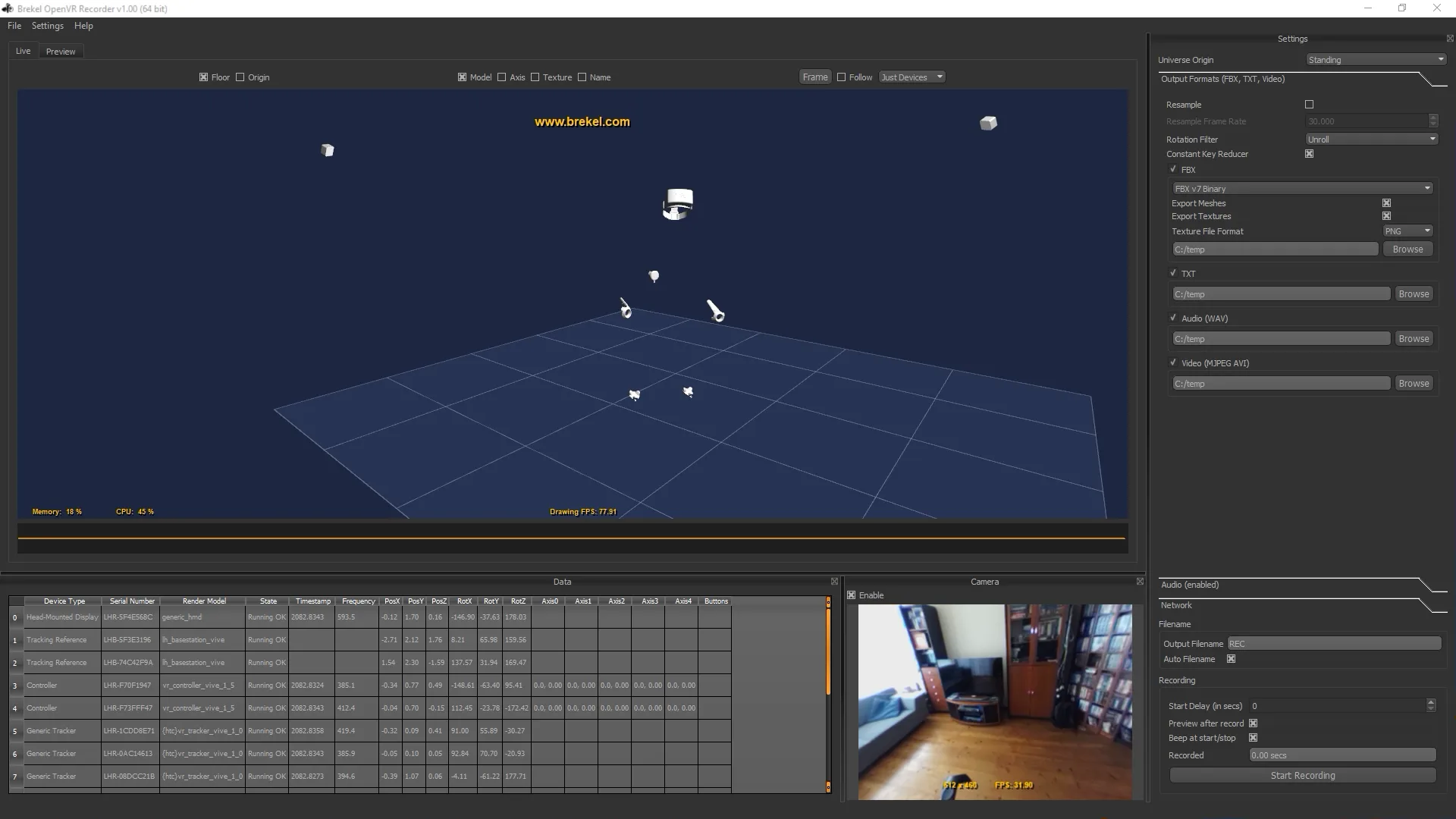 Brekel OpenVR Recorder: a VR headset, controllers and trackers plotted in 3D above a live table of device data