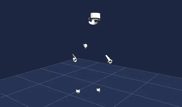 Brekel OpenVR Recorder: a VR headset, two controllers, trackers and base stations plotted in 3D above the play area
