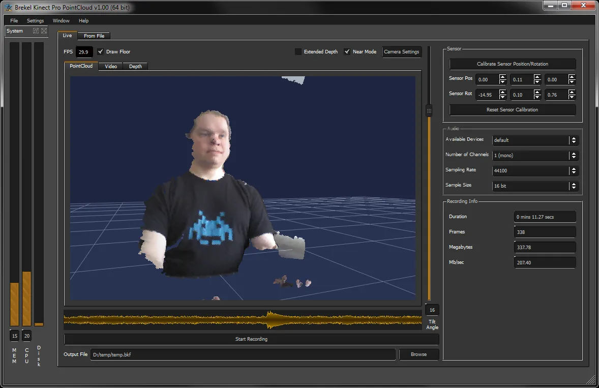 Brekel Pro PointCloud v1.00: a live point cloud of a room from a Kinect v1, with the recording settings beside it