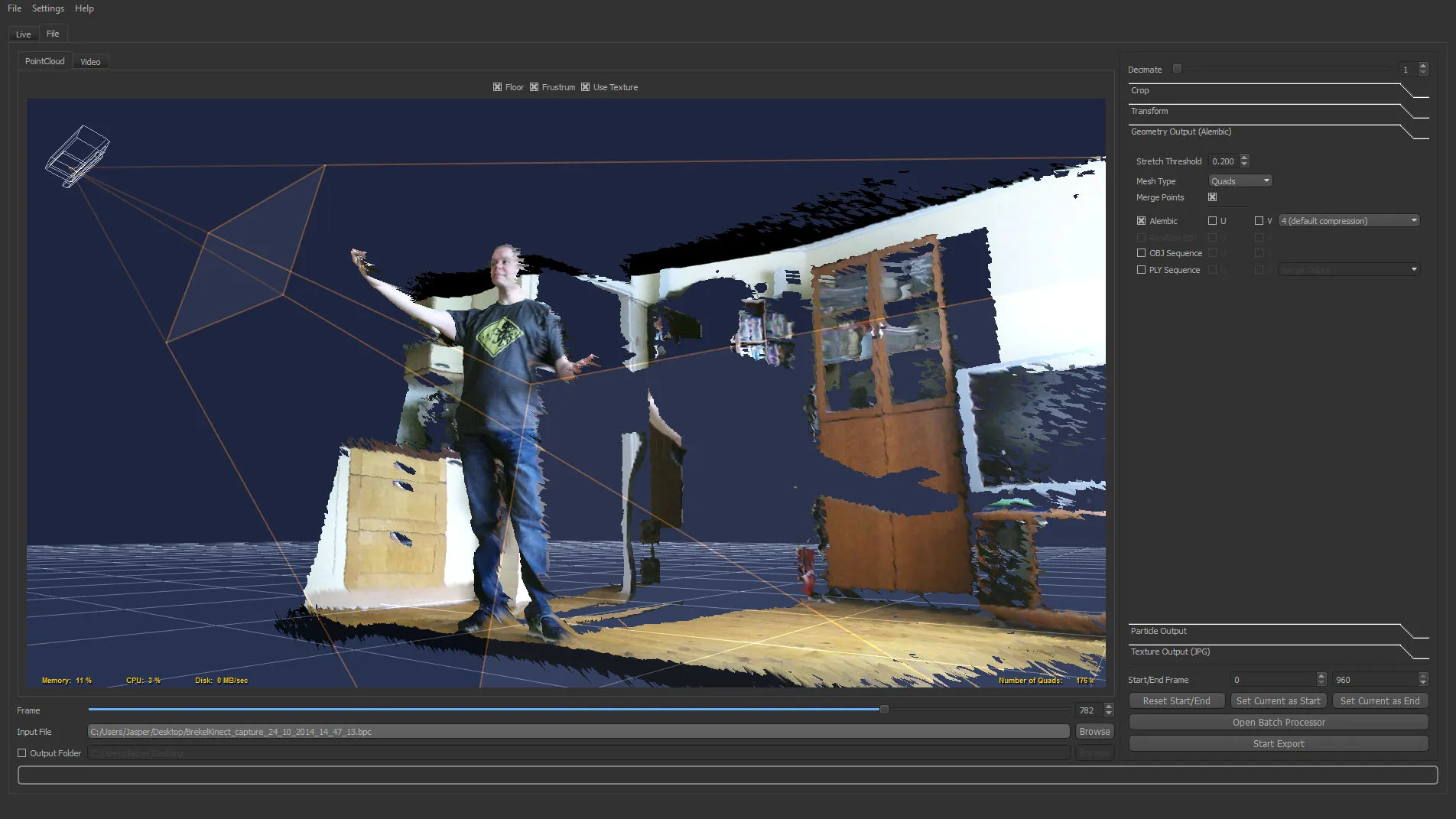 Brekel Pro PointCloud 2: room-scale point cloud playback with the timeline and export settings