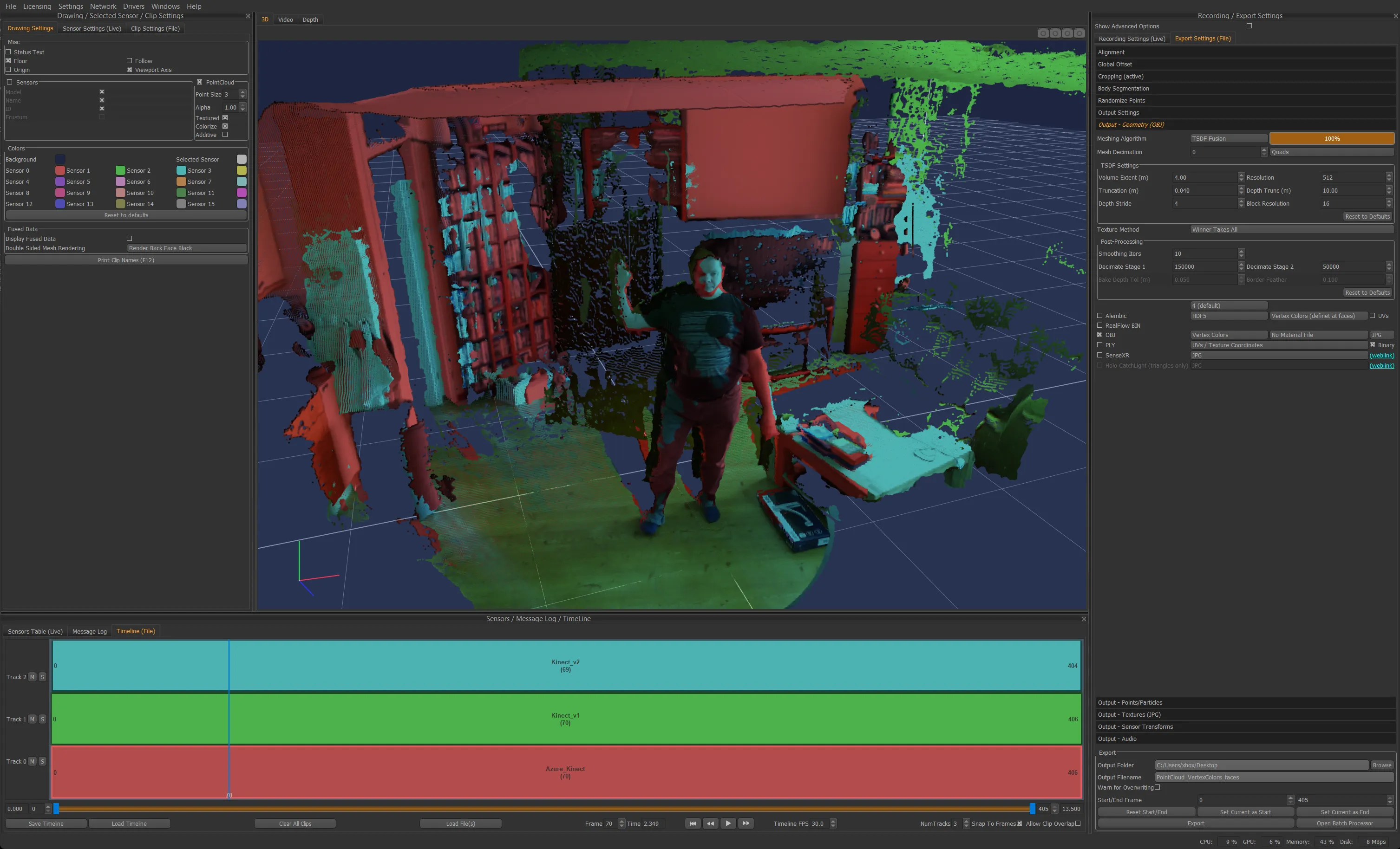 Brekel PointCloud v3: a room and a person captured by three depth sensors and fused into one point cloud, with the per-sensor timeline below it and the export settings alongside