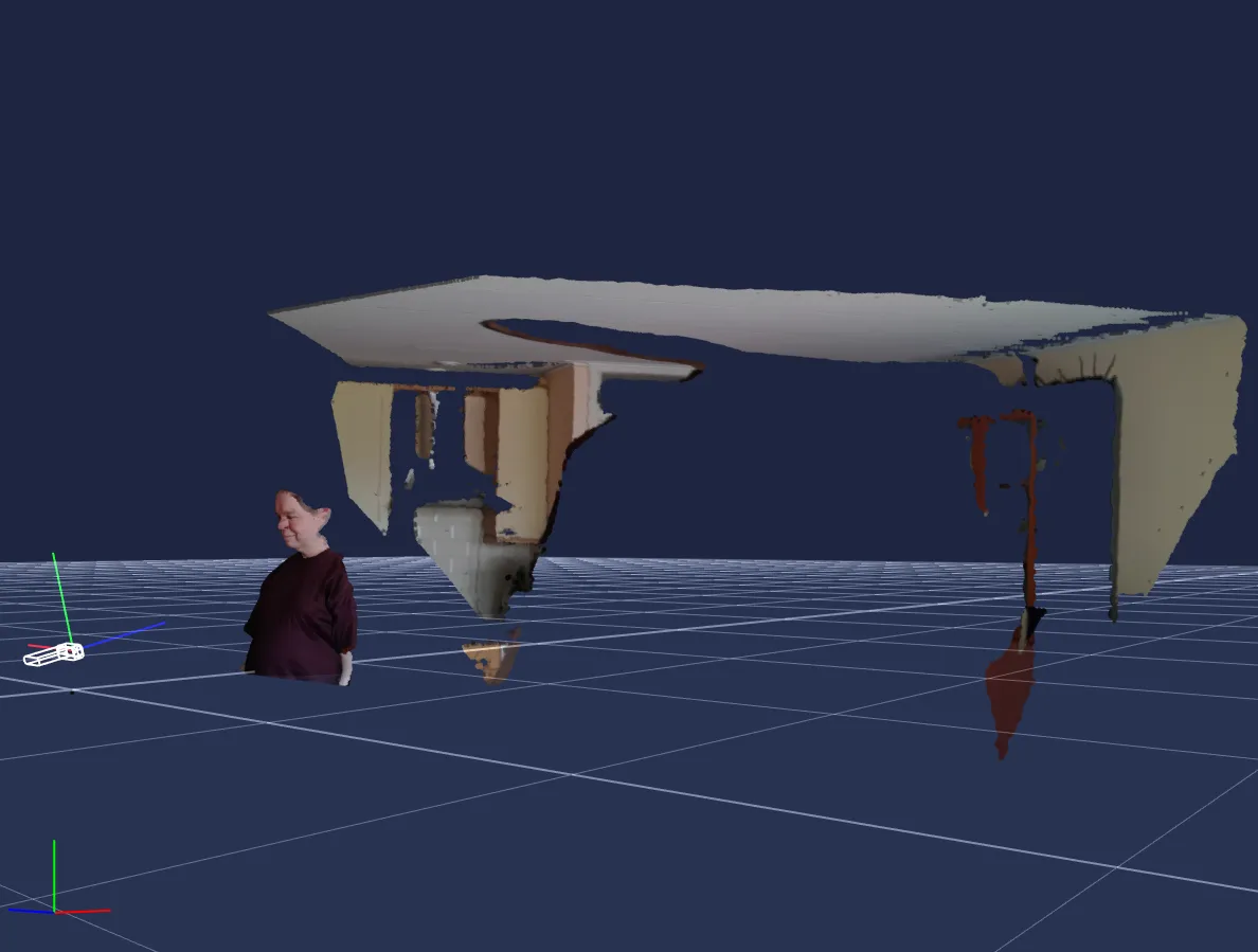 The same capture as a point cloud, viewed from the side instead of from the camera: the man stands as a hollow shell on a grid floor, the ceiling floats above as a thin sheet, the walls hang as separate fragments, and the sensor itself is drawn as a small wireframe camera at the left